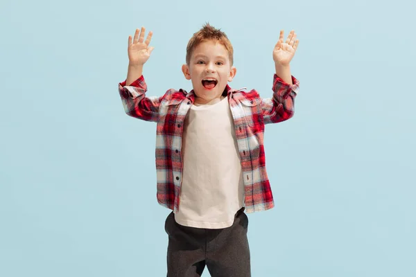 Portrait Little Boy Child Checkered Shirt Posing Isolated Blue Background — Stock Fotó