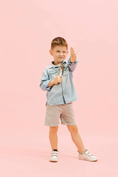 Portrait Cheerful Little Boy Child Jeans Shirt Posing Microphone Isolated — Stockfoto