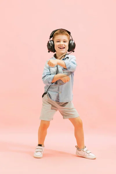 Portrait Little Boy Child Jeans Shirt Listening Music Headphones Cheerfully — Stockfoto