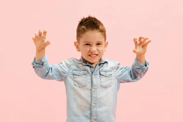 Portrait Little Boy Child Jeans Shirt Posing Making Funny Faces — Stock Fotó