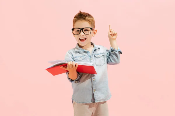 Portrait Little Boy Child Jeans Shirt Glasses Posing Book Isolated — Stock Fotó
