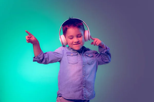 Portrait Little Boy Child Shirt Listening Music Headphones Posing Isolated — Stockfoto