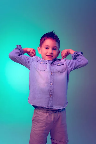 Portrait Little Boy Child Jeans Shirt Posing Isolated Green Purple — Foto Stock