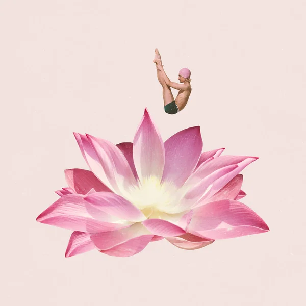 Сучасне Мистецтво Колаж Людина Купальнику Стрибає Квітку Ізольовано Світло Рожевому — стокове фото