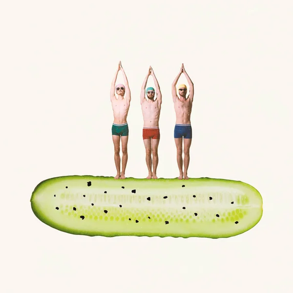 Collage Arte Contemporáneo Diseño Creativo Tres Hombres Traje Baño Pie — Foto de Stock