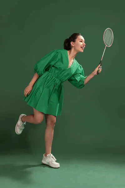 Portrait Beautiful Young Girl Posing Dress Playing Badminton Isolated Green — Photo