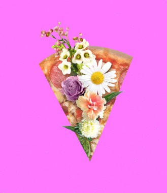 Contemporary art collage. Creative colorful design with pizza slice and flowers isolated on pink background. Concept of summer, mood, imagination, inspiration, surrealism. Copy space for ad, poster