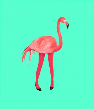 Çağdaş sanat kolajı. Yaratıcı renkli tasarım, pembe flamingo ve yeşil arka planda izole edilmiş kadın bacakları. Yaz kavramı, hayal gücü, ilham, sürrealizm. İlan için boşluk kopyala, poster