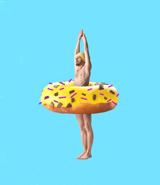 Contemporary art collage. Creative design with man in swimming cap standing on donut isolated on blue background. Concept of summer, mood, imagination, surrealism, fun. Copy space for ad, poster