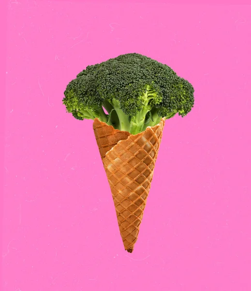 Contemporary Art Collage Creative Design Broccoli Ice Cream Cone Isolated — 스톡 사진