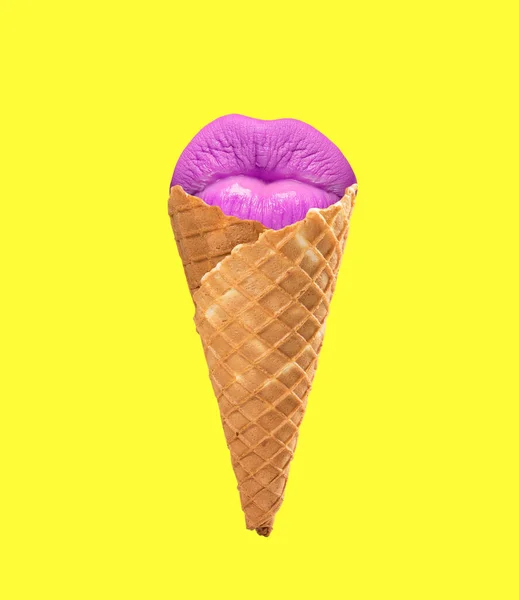 Contemporary art collage. Creative design with female lips in ice cream cone isolated on yellow background. Concept of summer, mood, imagination, inspiration, surrealism. Copy space for ad, poster