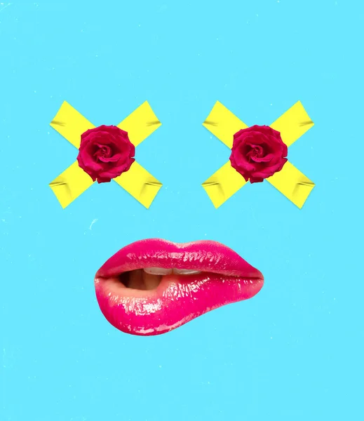 Contemporary Art Collage Creative Design Female Lips Rose Flowers Isolated — Stockfoto