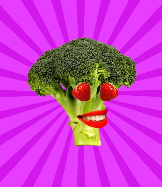 Contemporary Art Collage Creative Design Broccoli Strawberry Isolated Purple Background — Stock Fotó