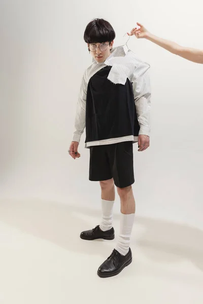Portrait Stylish Young Man Black White Suit Posing Isolated Grey — Stockfoto