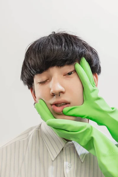 Portrait Young Man Piercing Posing Hands Rubber Gloves Face Isolated — Stok fotoğraf