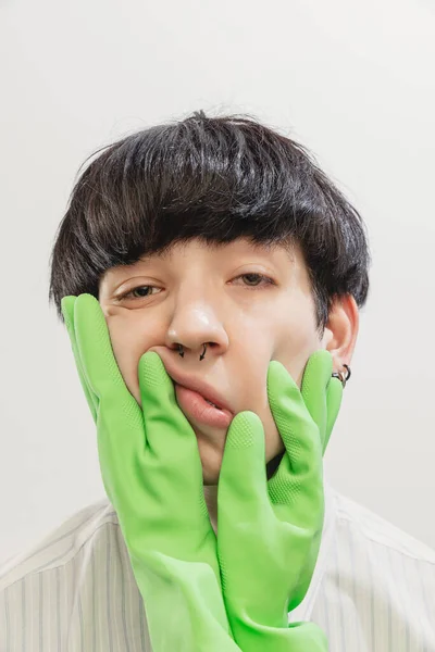 Portrait Young Man Piercing Posing Hands Rubber Gloves Face Isolated — ストック写真