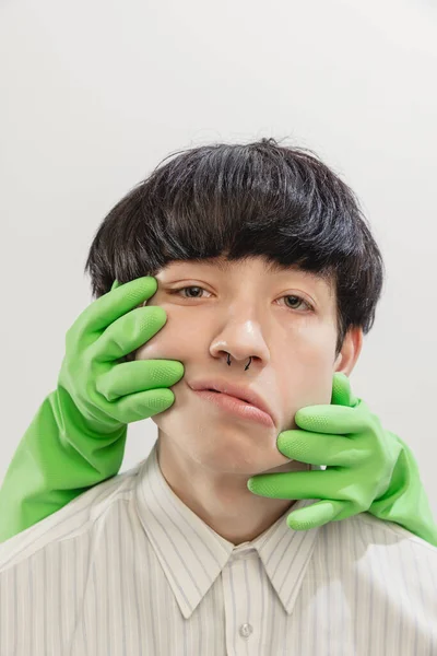 Portrait Young Man Piercing Posing Hands Rubber Gloves Face Isolated — Stockfoto