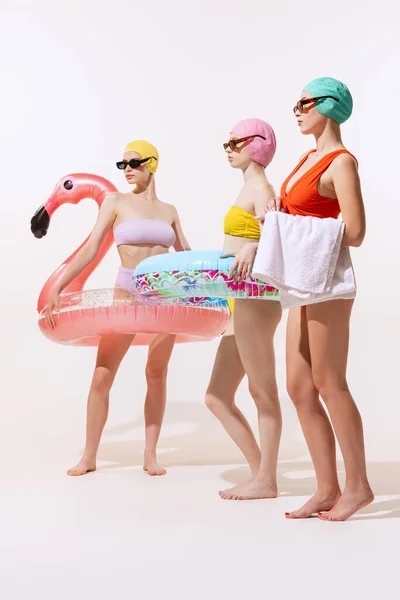 Portrait Young Women Swimming Suit Cap Sunglasses Posing Swimming Circle — Fotografia de Stock