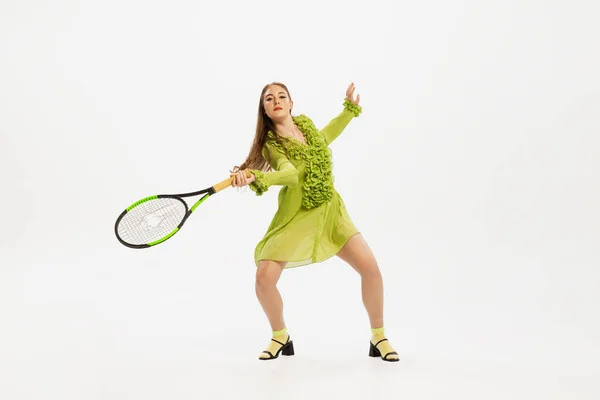 Portrait Stylish Young Woman Green Dress Heels Playing Tennis Posing — Stock Fotó