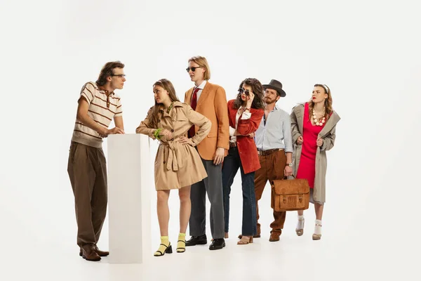 Portrait Stylish Young People Standing Line Communicating Isolated White Studio — Stock fotografie