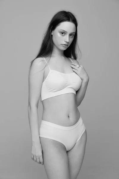 Portrait Young Beautiful Girl Dark Hair Posing White Underwear Black —  Fotos de Stock