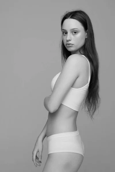 Portrait Young Beautiful Girl Posing White Underwear Looking Camera Black — 图库照片