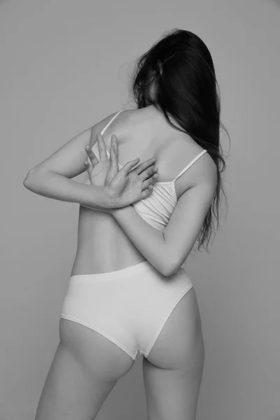 Portrait Young Girl Slim Back Tender Figure Posing White Underwear — Stockfoto