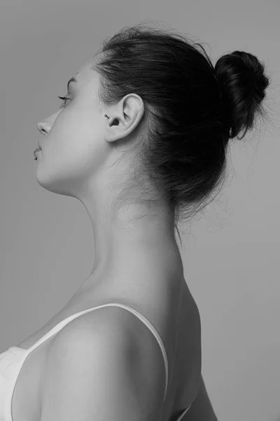 Side View Portrait Young Beautiful Girl Hair Bun Posing Looking — 图库照片