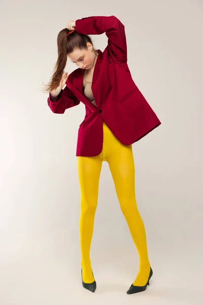 Portrait Young Stylish Girl Yellow Tights Red Jacket Posing Isolated — Stok fotoğraf