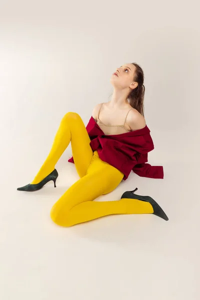 Portrait Young Stylish Girl Yellow Tights Red Jacket Heel Shoes — Stock Photo, Image