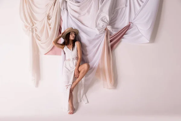 Portrait Stylish Tender Woman White Dress Straw Hat Posing Isolated —  Fotos de Stock