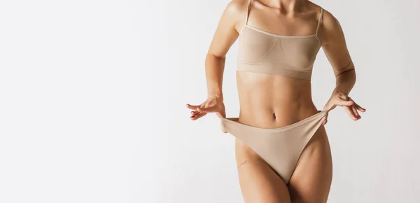 Cropped Image Slim Female Body Breast Belly Beige Cotton Underwear — Foto Stock