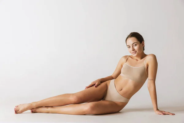 Portrait Beautiful Young Woman Slim Figure Posing Underwear Isolated Grey — Stockfoto