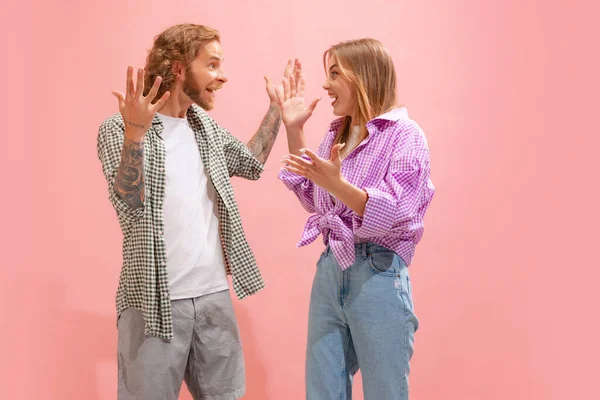 Portrait Young Man Woman Casual Clothes Actively Communicating Celebrating Isolated — Photo