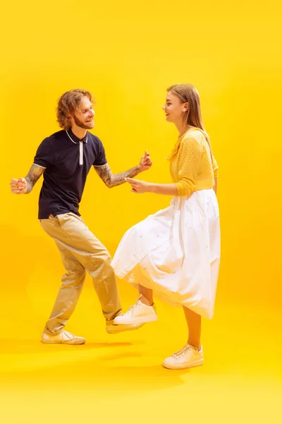 Portrait Young Man Woman Dancing Posing Isolated Yellow Studio Background — Photo