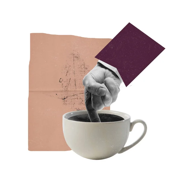 Contemporary Art Collage Conceptual Image Male Hand Pointing Coffee Cup —  Fotos de Stock