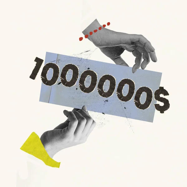 Colagem Arte Contemporânea Imagem Conceitual Com Mão Humana Segurando Cheque — Fotografia de Stock