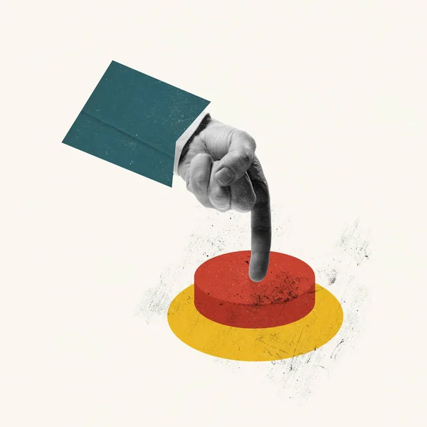 Contemporary Art Collage Conceptual Image Male Hand Pressing Red Button — Stockfoto
