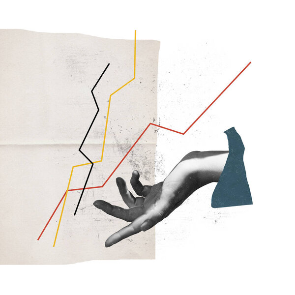 Коллаж современного искусства. Концептуальный образ с мужской ручной и бизнес-аналитикой. Профессиональная дискуссия, работа над успехом. Концепция бизнеса, карьерного роста, успеха, творчества