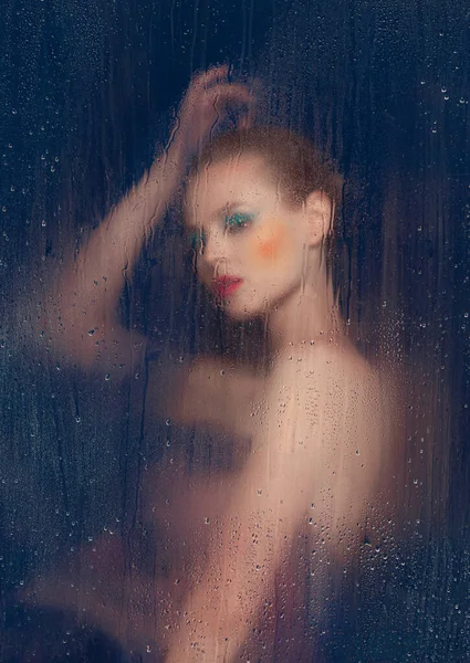 Portrait Beautiful Woman Bright Makeup Posing Underwear Isolated Dark Blue — Stock Fotó