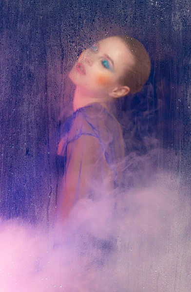Portrait Beautiful Woman Bright Makeup Posing Isolated Purple Background Foggy — Stock Fotó
