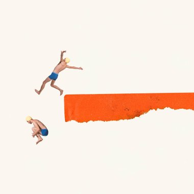 Contemporary art collage. Creative design. Man in yellow swimming cap jumping into water, swimming activity. Concept of summer, mood, creativity, imagiation, party, fun. Copy space for ad, poster