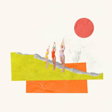 Çağdaş sanat kolajı. Yaratıcı tasarım. Mayolu üç kadın dalmaya hazırlanıyor. Yüzme hobisi. Yaz kavramı, ruh hali, yaratıcılık, imaj, parti, eğlence. İlan için boşluk kopyala, poster