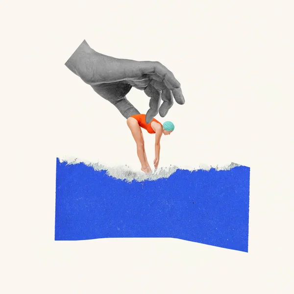 Contemporary Art Collage Creative Design Male Hand Holding Woman Swimming — Zdjęcie stockowe