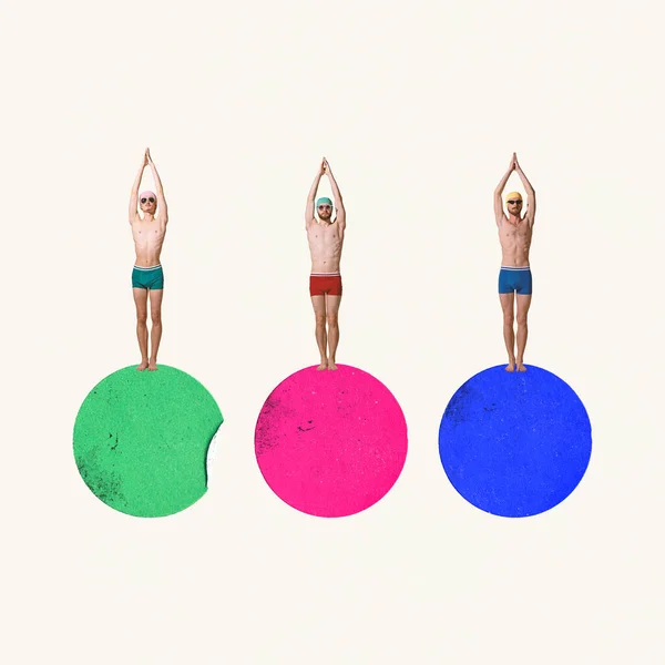 Contemporary Art Collage Creative Design Three Men Swimming Cap Preparing — Stock Fotó