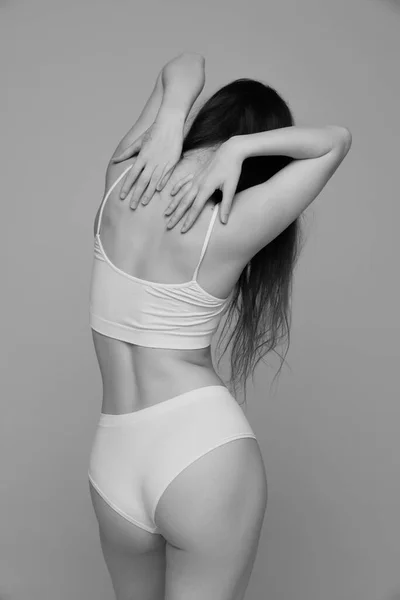 Portrait Young Girl Slim Tender Figure Posing White Underwear Black — 图库照片