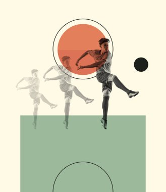 Contemporary art collage. Young man, football player in motion, training, kicking ball. Silhouette design of movements. Concept of creativity, action, energy, sport, competition and ad. Poster, flyer