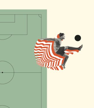 Çağdaş sanat kolajı. Yoğunlaşmış genç adamla yaratıcı tasarım, hareketli futbolcu, eğitimli. Top tekmeleme. Yaratıcılık kavramı, aksiyon, enerji, spor, rekabet, reklam. Poster