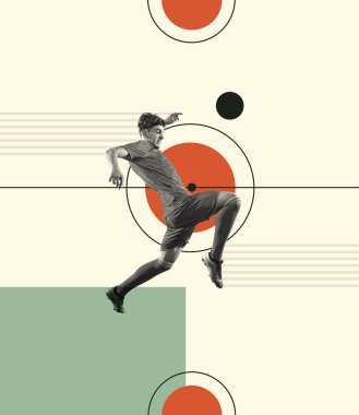 Çağdaş sanat kolajı. Yaratıcı tasarım. Konsantre erkek sporcu, futbolcu antrenmanı, diziyle topa vurarak zıplama. Yaratıcılık, eylem, enerji, spor, rekabet ve reklam kavramı.