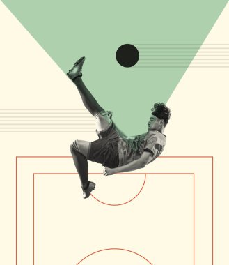 Çağdaş sanat kolajı. Genç bir adamın yaratıcı tasarımı, futbol oyuncusu hareket halinde, topa vurup düşüyor. Kazanan gol. Yaratıcılık, eylem, enerji, spor, rekabet ve reklam kavramı. Poster